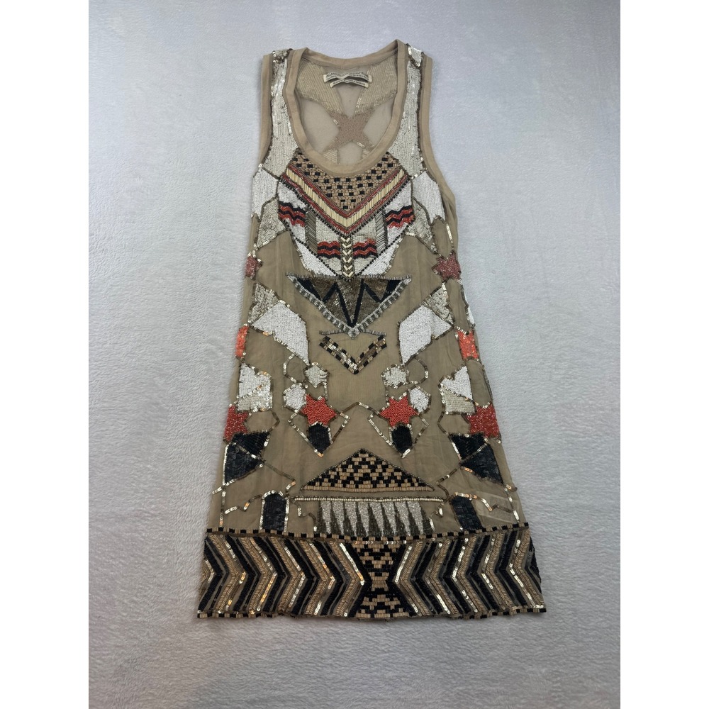 AllSaints Spitalfields Newaz Mini Dress Silk Beaded Hand Embellished Taupe US 10
